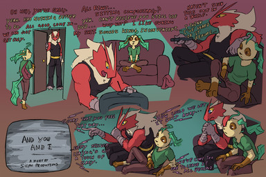 anthro biped black_clothing blue_eyes bottomwear bracelet brown_eyes clothed clothed_male clothing crt dialogue digitigrade electronics furniture hand_in_pocket jewelry male male_anthro on_sofa pants pockets red_body shirt simple_background sitting sitting_cross-legged sitting_on_sofa sofa tail television text topwear watching_television vonepitaph nintendo pokemon byron_(vonepitaph) kale_(vonepitaph) blaziken eeveelution generation_3_pokemon generation_4_pokemon leafeon pokemon_(species) 2025 comic digital_media_(artwork) english_text hi_res