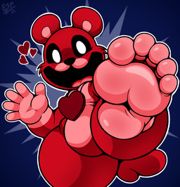 5_toes anthro featureless_crotch feet female foot_focus fur humanoid_feet looking_at_viewer looking_down low-angle_view open_mouth open_smile plantigrade simple_background smile solo tail toes waving_hand electricsnowfox mob_entertainment poppy_playtime smiling_critters bobby_bearhug bear mammal digital_media_(artwork) hi_res