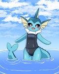 anthro anthrofied blue_body blue_sky blue_tail blush clothed clothing cute_fangs fangs one-piece_swimsuit open_mouth open_smile partially_submerged pink_tongue pokemorph school_swimsuit sky smile solo swimwear tail teeth tongue water wet wet_body wet_clothing sum nintendo pokemon eeveelution generation_1_pokemon pokemon_(species) vaporeon 2022 4:5 hi_res