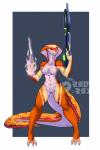 2016 anthro barefoot barely_visible_genitalia barely_visible_pussy biped blue_background breasts brown_body brown_scales claws featureless_breasts feet female genitals gun hi_res magic non-mammal_breasts nude orange_body orange_scales pussy ranged_weapon red_eyes reptile rifle scales scalie simple_background snake solo spread_legs spreading teaspoon toe_claws viper_(x-com) weapon white_background white_body white_scales x-com yellow_body yellow_scales
