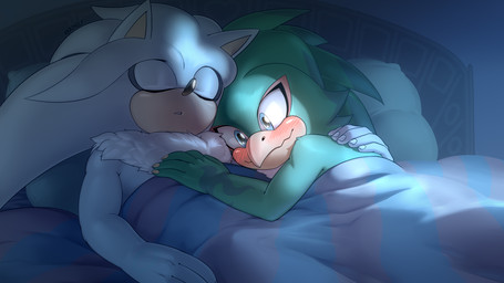 anthro anthro_on_anthro bed blush duo feathers fur furniture green_body green_feathers grey_body grey_fur lying male male/male nude on_back on_bed sleeping smile under_covers krazyelf sega sonic_riders sonic_the_hedgehog_(series) jet_the_hawk silver_the_hedgehog accipitrid accipitriform avian bird eulipotyphlan hedgehog mammal 2026 hi_res