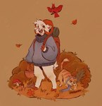 ambiguous_gender anthro autumn backpack basket blue_clothing blue_sweater blue_topwear bottomless bovid_horn brown_eyes caprine_horn clothed clothing container curled_horn domestic_pet duo_focus feral fungus fur furries_with_pets group holding_basket holding_container holding_object hooves horn leaf mushroom open_mouth open_smile orange_body orange_fur outside plant ram_horn scarf shrub smile striped_body striped_fur stripes sweater tail topwear white_body white_fur riftskeen real_world jambo_(jschlatt) rammie_(jschlatt) arthropod avian bird bovid caprine cardinal_(bird) centipede domestic_cat felid feline felis mammal myriapod oscine passerine sheep tabby_cat 2021 hi_res warm_colors male_(lore)