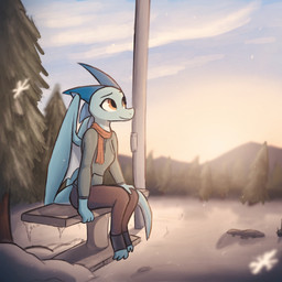 3_toes anthro bench blue_body bottomwear breasts clothed clothing cloud detailed_background feet female footwear fully_clothed horn light membrane_(anatomy) membranous_wings pants plant scarf sitting sky small_breasts smile snow snowflake solo sun tail toeless_footwear toes tree wings enginetrap european_mythology mythology syl_(enginetrap) dragon mythological_creature mythological_scalie scalie western_dragon 1:1 2019 digital_media_(artwork) hi_res lighting shaded