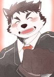 anthro blush brown_body brown_fur clothing eyes_closed first_person_view fist_bump fur gesture male necktie smile solo suit one_konta1123 lifewonders live_a_hero dog_operator protagonist_(live_a_hero) canid canine canis domestic_dog mammal hi_res