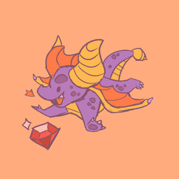 anthro chibi duo feral fire flying gem horn male orange_background purple_body purple_scales scales simple_background tail yellow_horn cryena activision mythology spyro_the_dragon spyro dragon mythological_creature mythological_scalie scalie 1:1 low_res