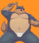 anthro belly big_belly black_nose bulge clothing cute_fangs hat headgear headwear kemono male mechanic moobs navel nipples one_eye_closed orange_background simple_background solo underwear wink flappydog canid canine canis domestic_dog mammal 2024 hi_res