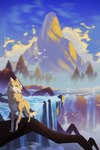 cloud female feral light mountain plant rock she-wolf solo summertime sunlight tree water waterfall marmenuar bluesky siona avian bird canid canine canis mammal wolf illustration full-length_portrait hi_res portrait