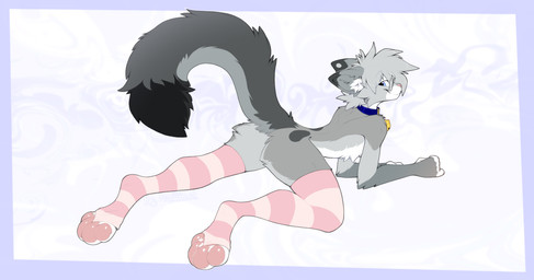 anthro bell bell_collar blue_collar blue_eyes butt clothed clothing collar coy dipstick_ears dipstick_fingers dipstick_tail dipstick_toes ear_markings eyewear femboy fur glasses gold_bell grey_body hair leg_warmers leg_warmers_only legwear looking_at_viewer looking_back looking_back_at_viewer lying male markings mostly_nude mostly_nude_anthro mostly_nude_male multicolored_ears on_front pattern_clothing pattern_legwear pawpads paws pink_nose presenting presenting_hindquarters raised_tail rear_view simple_background smile smirk solo spots spotted_markings striped_clothing striped_legwear stripes tail tail_markings teasing teasing_viewer thigh_highs magenta7 nixuelle domestic_cat egyptian_mau felid feline felis mammal 2025 absurd_res digital_media_(artwork) hi_res