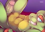 2018 absurd_res anthro bedroom_eyes big_penis blue_eyes chameleon clothing countershading cronjobs digital_media_(artwork) dipstick_tail erection genitals green_body green_penis green_skin half-closed_eyes hi_res lizard looking_at_viewer male markings multicolored_tail muscular muscular_anthro muscular_male narrowed_eyes navel nude pecs penis playtonic_games reptile scalie seductive simple_background smile smirk solo tail tail_markings thick_penis yellow_body yellow_countershading yooka yooka-laylee