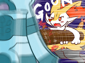 ambiguous_anthro ambiguous_gender anthro biped cute_fangs digitigrade duo fangs featureless_crotch food front_view holding_log motion_blur object_in_tail onomatopoeia open_:3 rear_view ringing_bell shrimp_(food) simple_background snout solo_focus sound_effects standing tail teeth text three-quarter_view annyui0611 nintendo pokemon animate_inanimate braixen bronzong canid generation_4_pokemon generation_6_pokemon mammal pokemon_(species) 2022 digital_drawing_(artwork) digital_media_(artwork) hi_res japanese_description translated_description