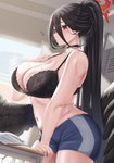 big_breasts blue_archive bodily_fluids bra breasts cleavage clothed clothing feathered_wings feathers female hasumi_(blue_archive) hi_res humanoid moisture_(chichi) navel not_furry solo sweat underwear winged_humanoid wings