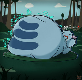abdominal_bulge ambiguous_gender anthro armless belly big_belly blue_body eyes_closed heart_symbol huge_belly hyper hyper_belly lily_pad open_mouth outside plant rumbling_stomach semi-anthro sitting swamp tail vore nauhtilly nintendo pokemon generation_2_pokemon pokemon_(species) wooper 2025 hi_res signature watermark