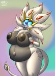 anthro anthrofied areola belly big_belly big_breasts black_areola black_belly black_nipples black_nose blue_eyes breasts curvy_figure female glowing glowing_eyes nipples pokemorph pregnant pregnant_anthro pregnant_female solo white_body hirurux nintendo pokemon generation_7_pokemon legendary_pokemon pokemon_(species) solgaleo 2020 hi_res