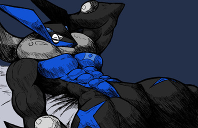 abs anthro athletic athletic_male barazoku bed biceps biped black_body black_skin blue_body blue_eyes blue_skin bodily_fluids furniture grey_tongue hand_behind_head long_tongue lying male markings multicolored_body multicolored_skin muscular muscular_anthro muscular_male narrowed_eyes naturally_censored on_back on_bed open_mouth pecs pose seductive simple_background smile solo tan_body thick_thighs tongue tongue_out triceps two_tone_body two_tone_skin wet jwbash game_freak nintendo pokemon amphibian generation_6_pokemon greninja pokemon_(species) absurd_res digital_media_(artwork) hatching_(art) hi_res shaded