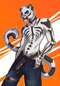 anthro bared_teeth black_choker black_jewelry black_markings black_necklace black_nose blue_eyes bodily_fluids bottomwear choker clothed clothing dripping erection fur genital_fluids genitals head_tuft humanoid_genitalia humanoid_penis jewelry long_tail looking_at_viewer male male_anthro markings navel navel_piercing necklace open_mouth orange_background pants partially_clothed_anthro partially_clothed_male penis piercing precum precum_drip simple_background skeleton_(marking) solo standing tail teeth topless torn_bottomwear torn_clothing torn_pants tuft white_body white_fur danawolfin felid feline mammal absurd_res colored digital_drawing_(artwork) digital_media_(artwork) hi_res shaded