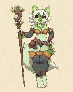 anthro anthrofied armwear breasts clothing druid eyelashes fangs female fur green_body green_fur hair holding_object legwear looking_at_viewer magic_user medium_breasts navel open_mouth panties paws pink_eyes pokemorph simple_background solo staff tail teeth tribal_spellcaster underwear white_hair asimos nintendo pokemon felid feline generation_9_pokemon mammal pokemon_(species) sprigatito 2025 4:5 hi_res signature