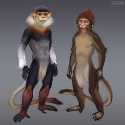 anthro black_body black_fur brown_body brown_eyes brown_fur duo ear_piercing ear_ring featureless_crotch fur hair looking_at_viewer male nude piercing pose ring_piercing simple_background smile standing tail lostgoose haplorhine mammal monkey primate 1:1 2022 digital_media_(artwork) hi_res