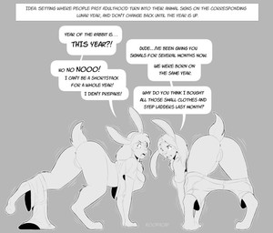 accessory all_fours annoyed anthro anus barefoot bottomwear breasts butt clothing dialogue duo explicitly_stated_nonconsent feet female forced forced_transformation genitals grey_background hair_accessory hairband open_mouth shorts shrinking simple_background size_transformation species_transformation surprised text transformation vulva koopacap lagomorph leporid mammal rabbit 2023 digital_media_(artwork) english_text monochrome