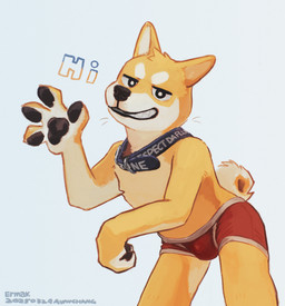 anthro boxer_briefs brown_body bulge clothing collar colored_seam_underwear countershade_torso countershading gesture looking_at_viewer male red_boxer_briefs red_clothing red_underwear simple_background smile smiling_at_viewer solo text underwear waving white_background white_seam_underwear awwchang canid canine canis domestic_dog mammal shiba_inu spitz 2025 hi_res