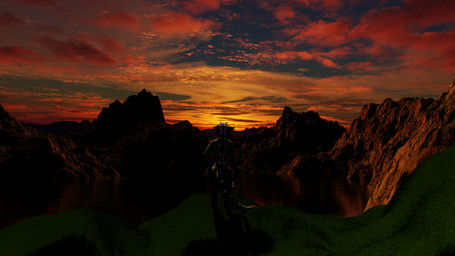 anthro lake male mountain solo standing sunset kikiro kikiro_(kikiro) moonfang 16:9 3d_(artwork) 4k absurd_res blender_(artwork) digital_media_(artwork) hi_res widescreen