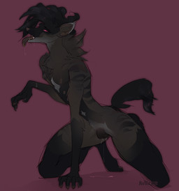 andromorph andromorph_anthro animal_genitalia animal_vulva anthro belly_nipples black_body bodily_fluids brown_body canine_genitalia canine_vulva genital_fluids genitals intersex intersex_anthro kneeling nipples nude_anthro nude_male open_mouth piercing red_background ring_piercing simple_background small_waist solo striped_body stripes tongue tongue_out tongue_piercing tongue_ring vaginal_fluids vulva faedread hyena mammal hi_res