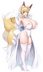 4_tails big_breasts blonde_hair breasts cleavage clothed clothing dress female hair huge_breasts legwear multi_tail solo tail thigh_highs wedding_dress suruga_(xsurugax) animal_humanoid canid canid_humanoid canine canine_humanoid fox_humanoid humanoid mammal mammal_humanoid absurd_res hi_res