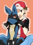 anthro black_body black_fur blue_body blue_fur brown_eyes brown_hair clothed clothing duo fur hair hat headgear headwear male red_eyes sitting yellow_body yellow_fur agemono nintendo pokemon pokemon_trainer red_(pokemon) canid canine generation_4_pokemon human lucario mammal pokemon_(species)