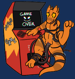 anthro arcade_machine bdsm bodily_fluids bondage bound female flat_chested game_over gameplay_mechanics genital_fluids genitals machine nude open_mouth penetration raised_leg restrained solo spread_legs spreading suspension text vaginal vaginal_fluids vaginal_penetration vulva wire yellow_eyes trout_(artist) kobold reptile scalie 2018 aliasing alpha_channel chromatic_aberration digital_media_(artwork) english_text
