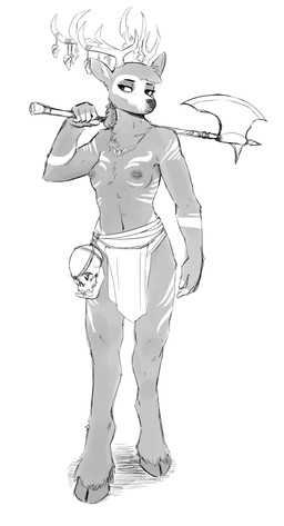 anthro antlers areola axe bone breasts clothed clothing cloven_hooves exposure_variation female hooves horn jewelry markings melee_weapon navel necklace nipples simple_background skull small_breasts solo topless tribal tribal_markings unguligrade weapon the-minuscule-task deer mammal absurd_res digital_media_(artwork) hi_res monochrome sketch