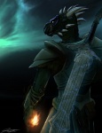 anthro armor cloud enchantment fire glowing glowing_eyes horn magic male melee_weapon night scar solo spikes sword warrior weapon djcoulz bethesda_game_studios microsoft skyrim the_elder_scrolls argonian scalie 2011