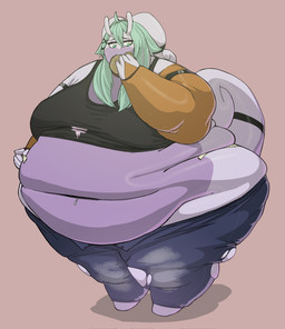 accessory antennae_(anatomy) antennae_band anthro armband armwear barefoot belly belly_overhang belly_rolls big_belly biped bottomwear breasts bridal_gauntlets burger clothed clothing deep_navel denim denim_bottomwear denim_clothing eating eating_food elbow_gloves fat_arms featureless_feet feet female food furgonomics gloves green_eyes green_hair hair hand_on_belly hand_on_own_belly handwear holding_burger holding_food holding_object huge_belly jeans love_handles morbidly_obese morbidly_obese_anthro morbidly_obese_female navel navel_pendant navel_piercing obese obese_anthro obese_female open_bottomwear open_clothing open_pants overweight overweight_anthro overweight_female pants piercing pokemorph purple_body shirt simple_background solo standing tail tail_accessory tailband tan_background tank_top tape_measure three-quarter_view topwear torn_bottomwear torn_clothing torn_jeans torn_pants undersized_bottomwear undersized_clothing undersized_topwear wardrobe_malfunction tongxuemian nintendo pokemon fan_character generation_6_pokemon goodra pokemon_(species) 2025 digital_drawing_(artwork) digital_media_(artwork) full-length_portrait hi_res portrait