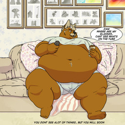 anthro belly big_belly big_cheeks brown_body brown_fur eyewear fatpad fur glasses male mature_male moobs obese overweight reality_shift sitting solo text weight_gain lundo joewolf canid canine canis mammal wolf 1:1 english_text hi_res story story_at_source story_in_description