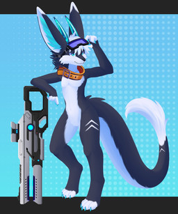 4_fingers 4_toes anthro big_ears black_body black_fur black_nose blue_claws blue_eyes claws collar crystal crystal_horn feet fingers fur horn inner_ear_fluff long_ears long_tail magic_user male nude plasma_gun pseudo_horn simple_background solo standing tail technology technomancer toes tuft visor weapon white_body white_fur mk-kenzie mythology mackenzie_meyers canid canine dragon fennec_fox fox furred_dragon furred_scalie hybrid mammal mythological_creature mythological_scalie scalie true_fox 5:6 hi_res