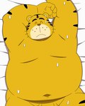 anthro balls belly big_belly bodily_fluids eyes_closed flaccid genitals kemono lying male moobs navel overweight overweight_male penis solo sweat eto1212 shima_shima_tora_no_shimajirou shimataro felid mammal pantherine tiger 2024 hi_res