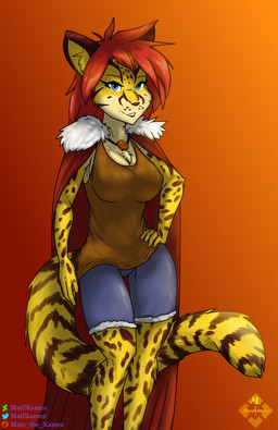 anthro blue_eyes female hair lipstick makeup medallion red_hair red_lipstick solo wearing yellow_body matz_the_kames felid feline leopardus mammal ocelot absurd_res hi_res
