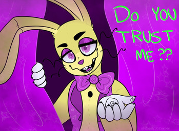 anthro arms_bent asking asking_viewer big_ears black_eyebrows bow_(feature) bow_tie buckteeth claws clothed clothing curtains dialogue eyebrows eyelashes gloves half-closed_eyes handwear heart_catchlight heart_symbol inviting long_ears long_whiskers looking_at_viewer male narrowed_eyes open_mouth pink_tongue purple_eyelids purple_eyes purple_nose question sharp_teeth smile solo stage_curtains standing talking_to_viewer teeth text tongue topwear vest whiskers yellow_body yellow_ears yes-no_question candyxxxcorpse five_nights_at_freddy's five_nights_at_freddy's:_help_wanted fnaf_vr_help_wanted scottgames glitchtrap lagomorph leporid mammal rabbit 2020 english_text