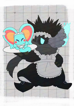 ambiguous_gender anthro big_ears biped black_hair blue_eyes blush blush_stickers carrying_another checkered checkered_background clothed clothed_anthro clothed_feral clothing duo eyes_closed feral fire fur glowing glowing_eyes grey_background hair hand_on_hip hand_on_own_hip heart_symbol holding_plate looking_at_viewer maid_uniform mouthless notched_ear one_eye_obstructed pattern_background plate raised_arm simple_background sitting size_difference spiky_hair standing tail teal_body teal_fur uniform ayamal1go kirby_(series) nintendo elfilin noir_dedede alien avian bird chinchilla chinchillid mammal penguin robot_anthro rodent starling_(kirby) 2025 digital_drawing_(artwork) digital_media_(artwork) distracting_watermark hi_res signature watermark male_(lore)