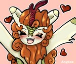 blush eyes_closed female feral floating_hearts fluffy gesture happy horn open_mouth simple_background solo waving waving_at_viewer anykoe friendship_is_magic hasbro my_little_pony autumn_blaze_(mlp) kirin_(mlp) signature