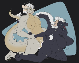 anthro anthro_on_anthro arm_pull balls big_breasts black_body bodily_fluids breasts claws cum cum_inside duo elderly fangs female female_penetrated from_behind_position genital_fluids genitals green_eyes hair horn male male/female male_penetrating male_penetrating_female mature_female mature_male multicolored_body nipples open_mouth open_smile orgasm orgasm_face penetration penis piercing prison_guard_position red_eyes sex simple_background smile tail teeth two_tone_body white_body white_hair yellow_body tolerain european_mythology mythology rykliss_(tolerain) vyxen_(tolerain) dragon mythological_creature mythological_scalie scalie western_dragon absurd_res hi_res