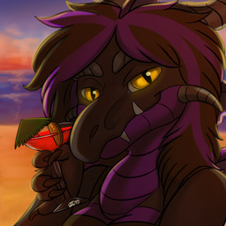 alcohol anthro beach beverage big_eyes bikini black_body black_hair black_scales clothing cocktail cocktail_glass container cup drinking_glass female glass glass_container glass_cup glowing glowing_eyes grey_horn hair highlights_(coloring) horn long_hair martini orange_slice purple_body purple_highlights purple_scales sand scales seaside sky solo summer sunset swimwear twilight two-piece_swimsuit umbrella water yellow_eyes may825 mythology ki'eruu dragon mythological_creature mythological_scalie reptile scalie 1:1 2017 digital_media_(artwork) icon