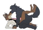 anthro clothed clothing duo eye_contact genitals kissing kneeling legs_up looking_at_another male male/male partially_clothed penis side_view seyrmo dreamworks the_bad_guys mr._wolf_(the_bad_guys) canid canine canis mammal wolf hi_res