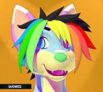 anthro hair heterochromia male multicolored_hair rainbow_hair simple_background smile solo sparklefur teeth tongue laionss slushie-nyappy-paws canid canine canis domestic_dog mammal 3d_(artwork) colorful_theme digital_media_(artwork) headshot_portrait hi_res portrait