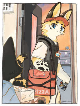 black_body black_clothing black_fur black_topwear black_vest blue_eyes clothing delivery_(commerce) delivery_employee door duo food_delivery fur gesture holding_key holding_object jacket jacket_vest kemono key male open_door pizza_delivery solo_focus tan_body tan_fur topwear vest waving yellow_body yellow_fur nabatabatabata picklez cheetah domestic_cat felid feline felis mammal 3:4 hi_res