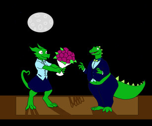 3_toes 4_fingers anthro bottomwear bouquet clothing digitigrade duo feet female fingers flower happy leaf male moon pants plant plantigrade rose_(flower) scales shirt skirt sky suit tail tapering_tail teeth thick_tail toes topwear 0x0001 dinosaur kobold prehistoric_species reptile scalie 6:5 absurd_res hi_res