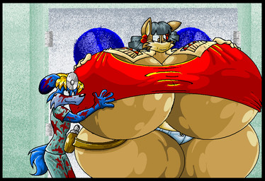 anthro big_breasts black_border black_hair blonde_hair blood blood_splatter blue_body blue_fur bodily_fluids border bottomwear breasts clothing crop_top doctor duo female fur gun hair hand_on_breast head_mirror holster hotpants huge_breasts huge_thighs hyper hyper_breasts hyper_hourglass hyper_thighs jacket male medical_instrument multicolored_body multicolored_fur pants ranged_weapon scientific_instrument shirt shorts tan_body tan_fur thick_thighs topwear two_tone_body two_tone_fur voluptuous_anthro voluptuous_female weapon virus-20 dr._edo june_coyote canid canine canis coyote domestic_dog mammal 2012 digital_media_(artwork)
