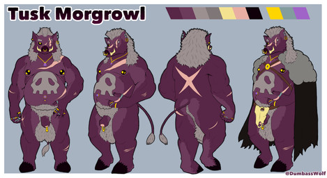 abdominal_scar anthro areola arm_scar balls beer_belly belly butt butt_scar ear_piercing eye_scar facial_piercing facial_scar fur genitals grey_hair hair hooves jewelry looking_at_viewer male multiple_piercings navel navel_piercing nipple_piercing nipples nose_piercing nude overweight overweight_anthro overweight_male penis piercing pubes purple_body purple_fur ring scar scars_all_over septum_piercing skull_symbol smile solo standing symbol_on_belly tail text tusks warlord dumbassgale humanoid mammal suid suine sus_(pig) wild_boar absurd_res hi_res model_sheet