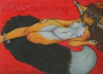 anthro bell breasts collar dipstick_tail female green_eyes halo markings nipples nude painting solo tail tail_markings ajna avelynne elfane