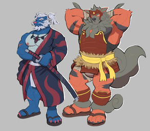 4_toes 5_fingers ankle_tuft anthro arm_wraps armor beard black_nose blue_body blue_fur claws clothed clothed_anthro clothed_male clothing duo facial_hair fangs feet fingers footwear fur grey_mane hair hindpaw humanoid_hands jewelry katana leg_tuft male mane mature_male melee_weapon muscular muscular_anthro muscular_male necklace nipples paws pecs red_body red_fur red_nose robe sandals scar shoes simple_background smile standing sword tail teeth toe_claws toes tuft weapon white_hair wraps adios nintendo pokemon generation_8_pokemon hisuian_arcanine hisuian_form hisuian_samurott pokemon_(species) regional_form_(pokemon) hi_res