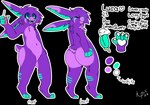 anthro beverage big_butt butt drippy_tongue fur green_eyes hand_on_butt long_ears long_tongue navel paws purple_body purple_fur small_tail solo tail text thick_thighs tongue kippyskippy luca_(lucapaws) furred_dinosaur alpha_channel english_text hi_res model_sheet