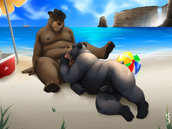 anthro anthro_on_anthro anthro_penetrated anthro_penetrating anthro_penetrating_anthro ball balls beach beach_ball beach_umbrella bodily_fluids clothing cooler cowboy_hat dripping duo eyes_closed fellatio genital_fluids genitals hat headgear headwear humanoid_genitalia humanoid_penis inflatable lying male male/male nipples nude on_side oral overweight overweight_anthro overweight_male parasol penetration penile penis precum precum_drip sex sitting spread_legs spreading waterfall kronexfire paddy_(bluecollarhog) westhoff bear black_bear mammal ursine 2021